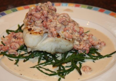 Kabeljauw met garnalen en witte wijn saus; recept; recepten; hoofdgerecht; hoofdgerechten; vis; kabeljauw; garnalen; wijnsaus; witte wijn; wijn